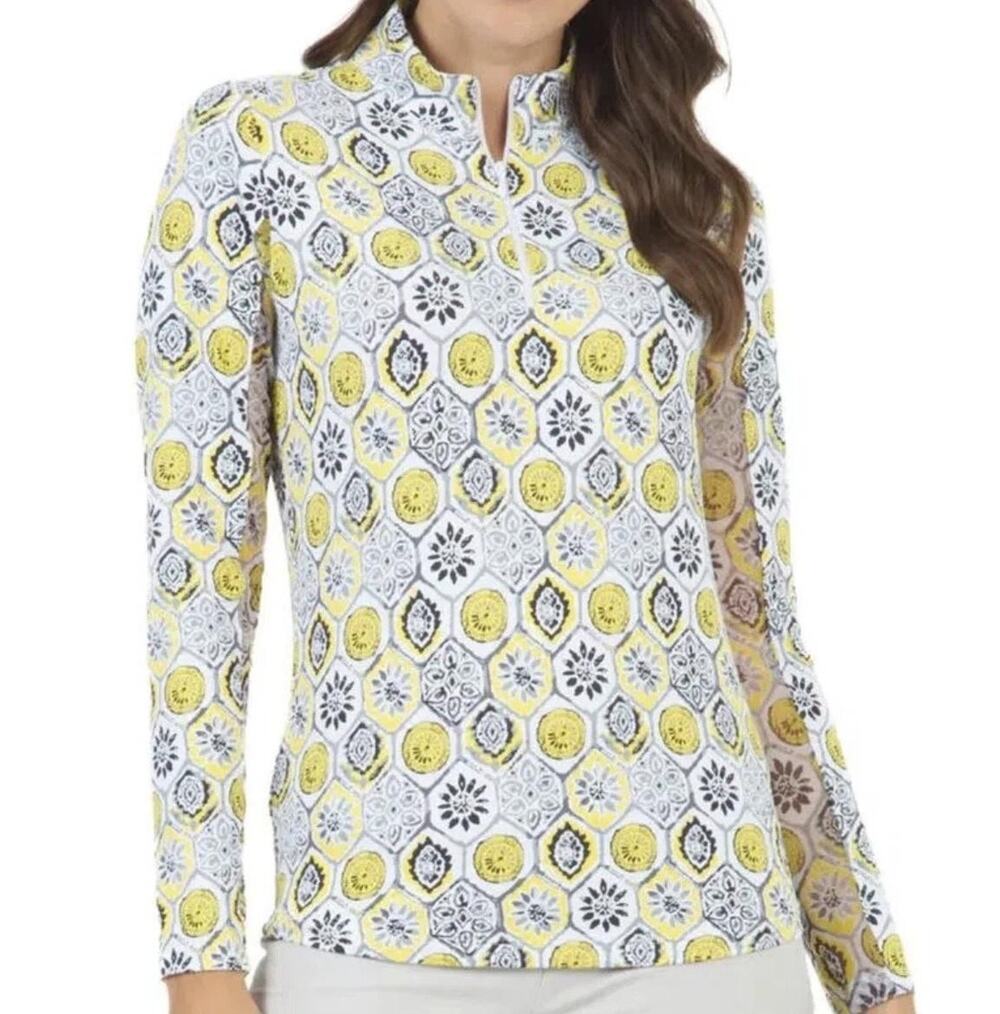 IBKUL Shirt Womens Small Multicolor Geo Print 1/4 Zip Mock Neck Golf UPF 50+